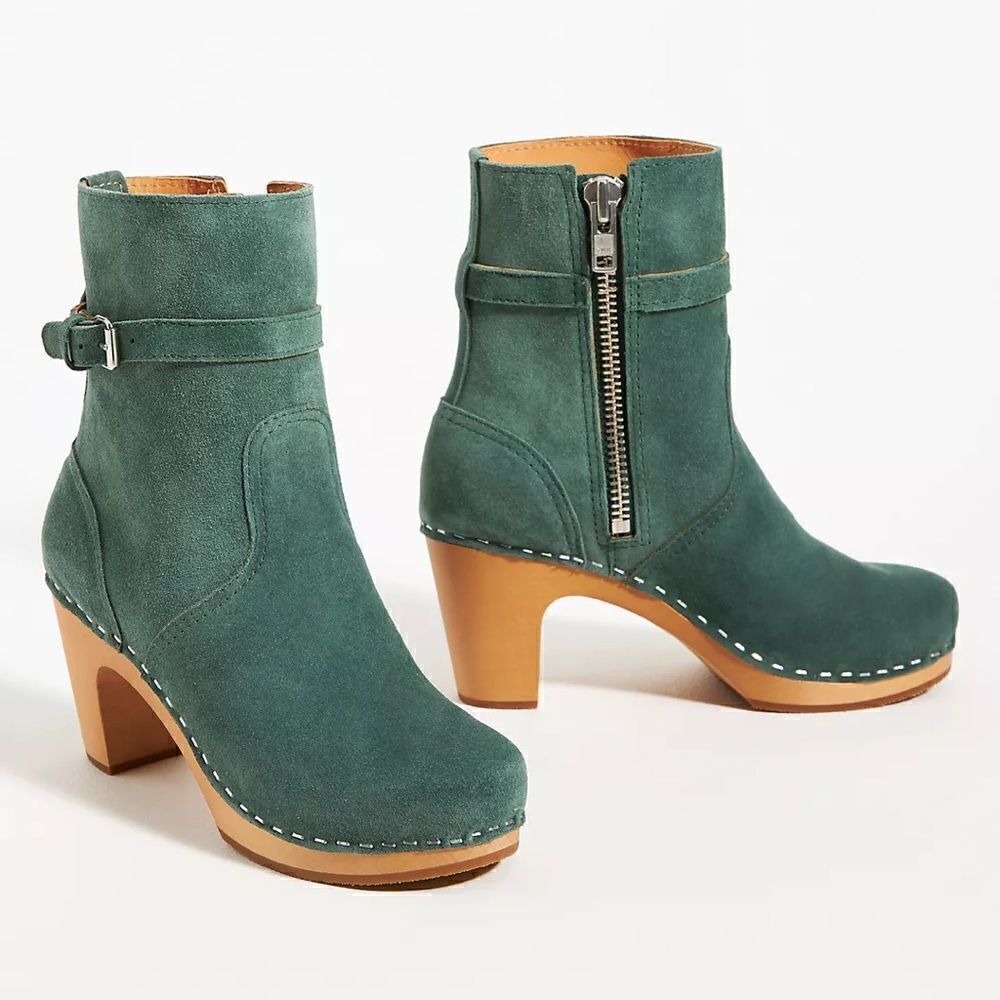 Swedish Hasbeens High-Heeled Jodhpur Boots green suede size 39EU
